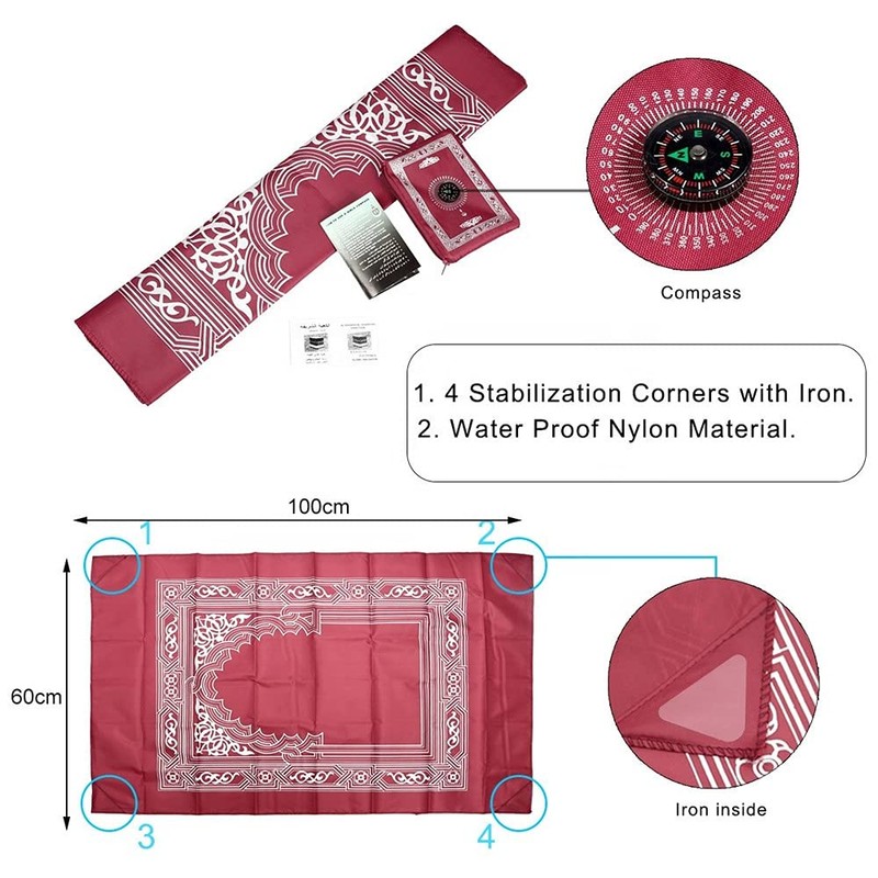 Pocket Travel Foldable Portable Waterproof Prayer Mat with Compass Red