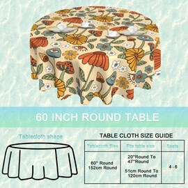 UIUPRO Mushrooms Vintage 60 Inch Round Tablecloth,Boho Groovy Floral Table Cloth Waterproof Stain and Wrinkle Resistant Circle Table Cover for Kitchen Dining Picnic Camping Indoor Outdoor Decor