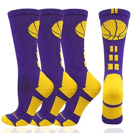 Londkaron Elite Basketball Socks with Basketball Logo, 2 Pairs of Soft & Light Athletic Crew Socks (Purple/Gold, Large)