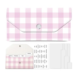 APVDSH Cash Envelope Wallet, Reusable Budget Money Wallet, Cute PU Leather Money Saving Wallet with 4 Dividers & 1 Sheets Category Stickers Pink Gingham Grid