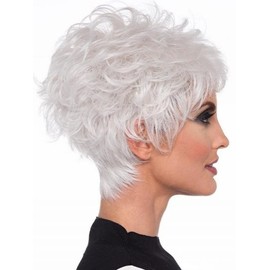 Silver Wig in Pixie Cut, Slanted Fringe, Short Curly Hair, Fluffy White Wig, Natural Hair for Middle Aged Women and Older Women for Daily Use