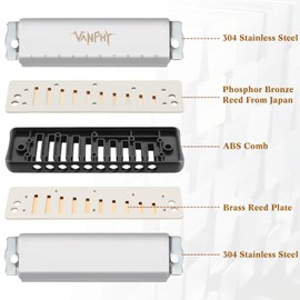VANPHY Harmonica Blues Harmonicas for Adults and Beginners Key of C Harmonica Round Hole 10-Hole 20 Tones Standard Diatonic armonica Comes With Hermonica Case(Sliver)