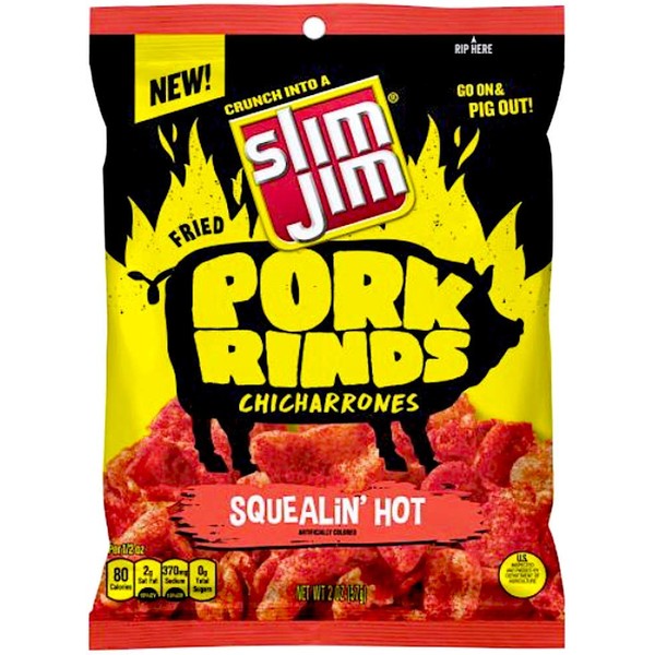 NEW Slim Jim Pork Rinds Chicharrones "Squealin Hot Net Wt 2oz (Single Bag)