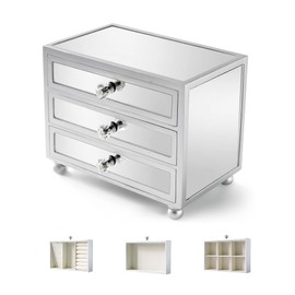 Gifturbo 3 Layer Mirrored Glass Jewelry Box, Large Capacity Women's Storage Box with Velvet Interior and Crystal Handle