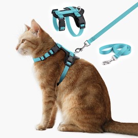 Plutus Pet Adjustable Cat Harness and Lead Set, Quick Release, Escape Proof Nylon Vest with Leather Trim for Kitten, Small Medium Large Cats, Light Blue