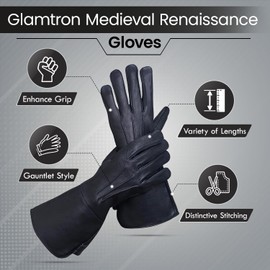 Generic Glamtron Medieval Renaissance Gloves Pure Lambskin Leather Cosplay Gauntlet Gloves Long Arm Cuff (X Large), Black