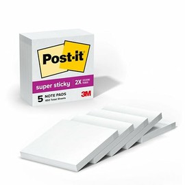 Post-it Notas Súper Adhesivas, Doble poder de adhesión, Color Blanco, 7.6cm x 7.6 cm, 5 pads, 90 hojas por pad