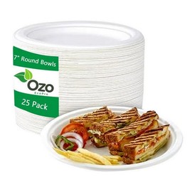 Disposable Eco-Conscious Sugarcane Plates by Ozo, Recyclable and Compostable Round Plates, Natural and Biodegradable Dinnerware for Parties and Weddings, Microwave and Oven Safe, 25 Pack, 7” Plates