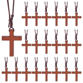 DICOSMETIC 30Pcs Wood Cross Necklace Bulk Wooden Cross Pendant Necklace Coconut Brown Crucifix Necklaces Small Prayer Necklace Nylon Cord Wrap Bracelet for Bible Verse Party Favor