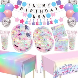 In My Birthday Era Decorations, 194Pcs Music Theme Tableware Set for 24 Guests with In My Birthday Era Plates Napinks Cups Cutlery Tablecloths Banners & Balloons, Friendship Bracelet Party Supplies