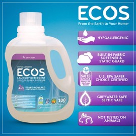 ECOS 2x Hypoallergenic Liquid Laundry Detergent, Lavender, 200 loads, 100oz Bottle by Earth Friendly Products (Pack of 2)
