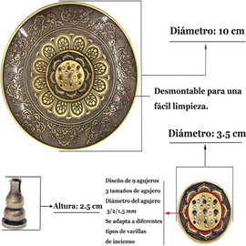 Sostenedor de Incienso de Bronce Quemador De 3 piezas,Porta Incienso de Bronce 9 hoyos Quemador,Incensario Tallado Soporte para incienso de barra Varillas y bobina, para masajes, meditación, yoga