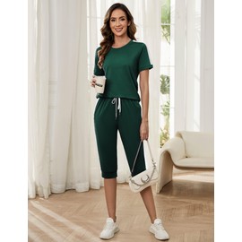 Aottori Jogging Suit Women's Set Crew Neck Short Sleeves Tracksuit Two Piece Elegant Leisure Suit Sports Suit 2-Piece Summer Outfits, dark green