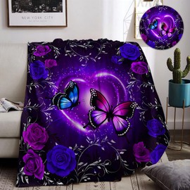 IUNTWEIE Cuddly Butterfly Blanket, 130 x 150 cm, Soft Pink Purple Flower Flannel Blanket, Butterfly Pattern Blanket, Purple Butterfly Blanket for Children (A, 130 x 150 cm)