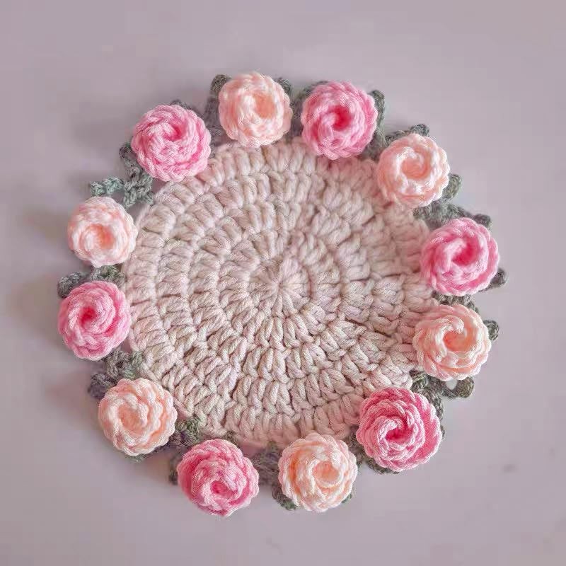 Crochet Pink Rose Floral Coaster 1-Pack - 5.1" Light Pink
