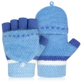 Kiiwah 1P Children's Finger Gloves with Cap, for 5-10 Years Girls Boys Winter Fingerless Knitted Gloves, Warm Children's Gloves (Blue)