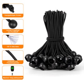 Akicderu Elastic Bands with Ball 15 cm, Rubber Tensioner with Ball, Pack of 50, Tarpaulin Tensioners with Ball, Tent Rubber, Expander Loops, Rubber Loops for Tarpaulins, Tent, Banner, Net, Gazebos