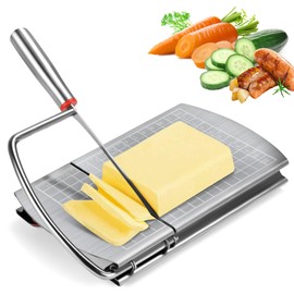 VAlinks Precise Cheese Slicer Board Stainless Steel Multipurpose Cheese Cutter Board with Blade for Block Cheese Butter Sausages Bread Dishwasher Safe (Silver)