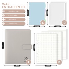 BIROYAL A5 Ring Binder, Ring Binder, A5 Refillable, Leather Notebook Binder with 135 Sheets Refill Paper and Binder Pockets, Notebook A5 for School Notes, Travel Journals and Organisers