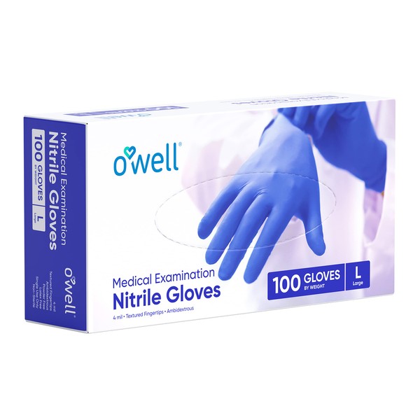 OWELL Medical Exam Nitrile Gloves | MEDIUM | 4mil Disposable Gloves, Powder-Free, Latex-Free Food Safe Certified Gloves (100ct)
