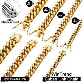 Gold Cuban Link Chain Necklace or Bracelet with Design Box Clasp for Men Boys 18K Gold Stainless Steel Hip Hop Miami Curb Chains(8MM, 18")