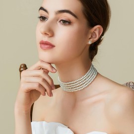 BABEYOND Round Imitation Pearl Choker Necklace Multi Strands Choker 20s Flapper Necklace Accessories for Gatsby Themed Party (5 Layer)