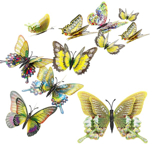 8 Pcs Butterfly Wall Sticker 3D Stronger Magnetic Artificial Butterfly Ornament Sticker for (Yellow)
