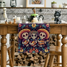 Artoid Mode Hats Guitar Sugar Skull Mexican Dia De Los Muertos Table Runner, Day of The Dead Fiesta Themed Kitchen Dining Table Decoration for Home Party Decor 13x72 Inch