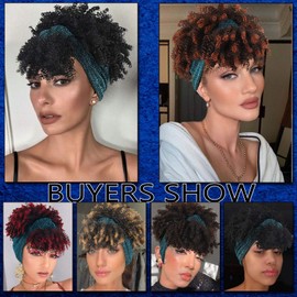 Aisaide Short Curly Wigs for Black Women,Synthetic High Puff Afro Ponytail Ombre Brown Wig with Bangs Wrap Wigs 2 in 1 Afro Kinky Curly Headwrap Wig with Headband Attached Scarf Wig Turban Jerry Curly