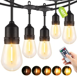 Larkvue 48FT Outdoor String Lights with Remote, Dimmable Patio Lights with 15+2 LED Waterproof Shatterproof Bulbs 3 Modes 4 Timers for Backyard, Black