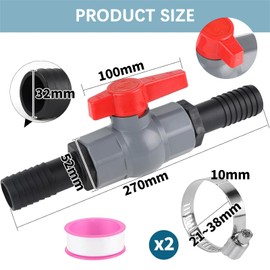 Ball Valve with Hose Connector, Pool Hose 2-Way Valve, PVC Ball Valve, Shut-off Valve with Internal Thread 40 mm and Hose Nozzles 32 mm, Pool Pool Valve for Home Gardens, Patios, Swimming Pools
