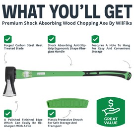 WilFiks Splitting Axe, 36” Camping Hatchet for Chopping and Kindling Wood and Branches, Forged Carbon Steel Hand Maul Tool for Gardening, Fiberglass Shock Reduction Handle with Anti-Slip Grip