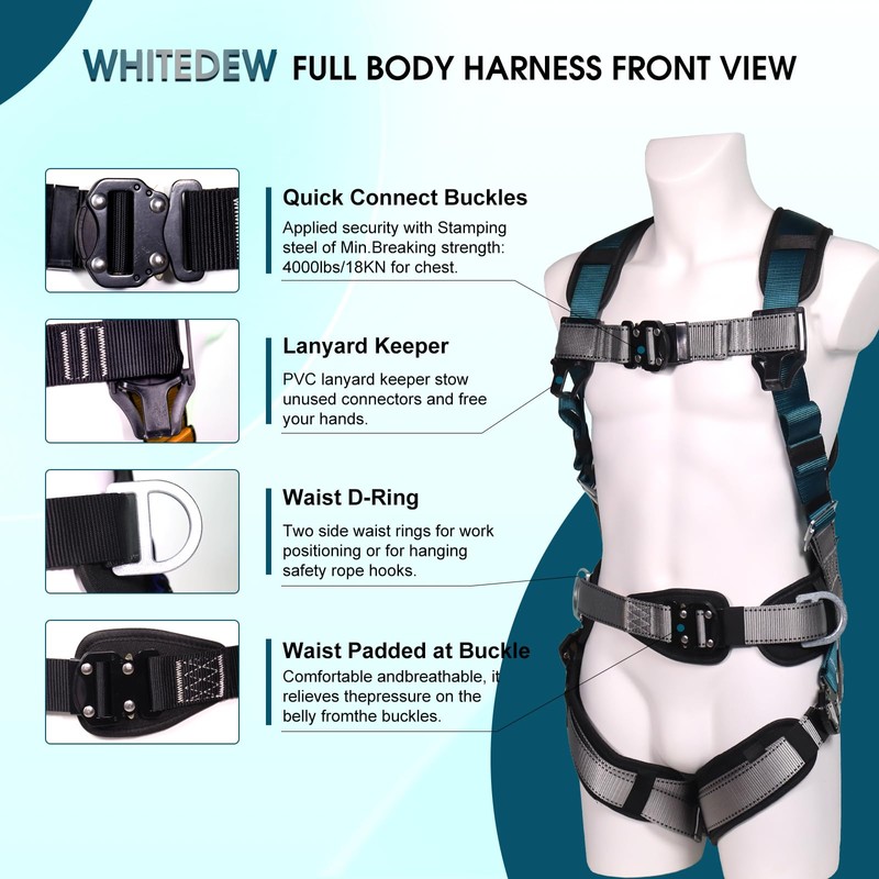 WHITEDEW Fall Protection Premium Safety Harness with Shock Absorbing Lanyard,