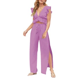 FANCYINN Womens 2 Pieces Outfits Deep V Neck Crop Top Side Slit Drawstring Wide Leg Pants Set Jumpsuits Purple L