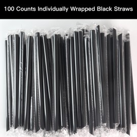100 Pack Jumbo Smoothie Straws, Chetexus Black Smoothie Straws Plastic Disposable Wide-mouthed Milkshake Straws, Individually Wrapped Straws (0.43" Diameter and 7.48" Long)