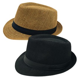 2 Pack Short Brim Fedora Classic 20s Trilby Panama Hats Summer Travel Cap for Men Women (US, Alpha, Large, X-Large, Black + Khaki)