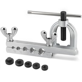 Flexzion SAE 45 Degree Double Flare Brake Line Flaring Tool Kit with (3/16, 1/4, 5/16, 3/8, 1/2") Adapters Dies Automotive Copper Steel Aluminum Brake Fuel Hydraulic Line Tubing Fitting Case Set