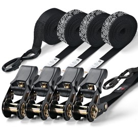 Retractable Ratchet Straps (4 PK) 15 Feet (1,823lb Break Strength) Heavy Duty Tie Down Strap with S Hook Black for Packing Motorcycle Truck Cargo