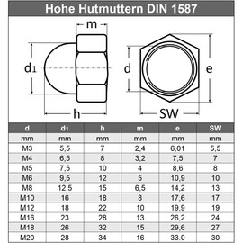 M12 (10 pieces) Acorn Nuts High Shape - Stainless Steel VA A2 V2A - Hexagonal Nuts Rustproof - DIN 1587 - Cap Nuts | AGBERG
