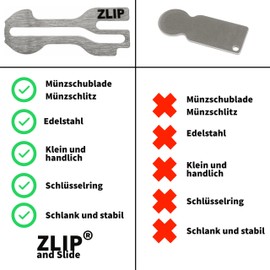 ZLIP® and Slide Shopping Trolley Remover Stainless Steel with Key Ring, Shopping Trolley Opener for All Shopping Trolleys, Key Fob Opens Front Loader and Drawer, Removable Shopping Chip, Pack of 2