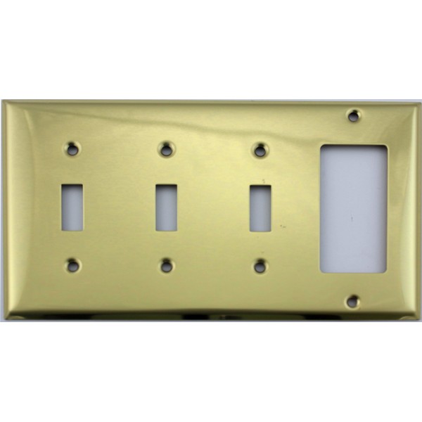 Stamped Polished Brass 4 Gang Wall Plate - 3 Toggle Switches 1 GFI/Rocker Opening