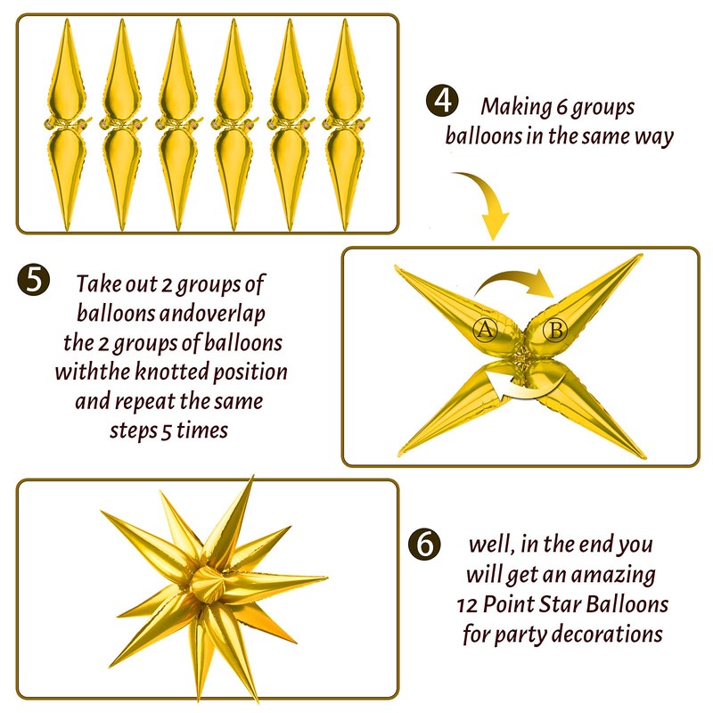 Moukiween 60 PCS Gold Star Foil Balloons, 12 Point Cone