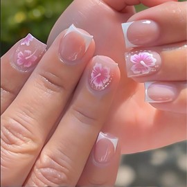 24Pcs Short French Tip Press On False Nails with Pink Floral Design, Glossy Full Cover Fake Nails Light Pink Floral Accents with White Details Nude Bloom for Manicure (Pink White flower)