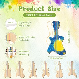 Syhood 24 Pcs DIY Wood Guitar Cutouts for Kids, 12 x 6.5 Inches Wood Guitars Cutouts for Boy Girls, Bamboo Musical Instrument for Painting, Suitable for Crafts Class, Birthday, Theme Party(Popular)