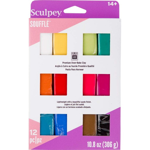 Sculpey Soufflé Polymer Oven-Bake Clay, 12 color set, Non Toxic, 10.8 oz., Great for jewelry making, holiday, DIY, mixed media and more! Premium light-weight oven bake clay.