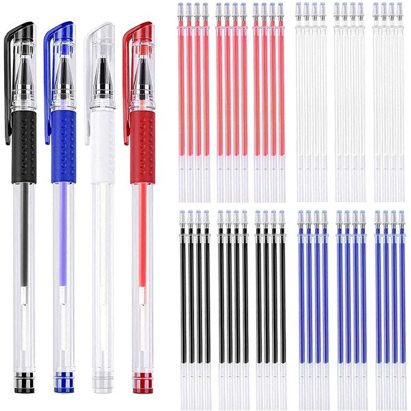 Heat Erasable Pens, 4 Pcs Heat Erasable Fabric Marking Pens with 32 Refills, 4 Colors Heat Erasable Refill Pens Disappearing Pen for Quilting Sewing, Dressmaking, Fabrics, Tailors Sewing(White, Red, Blue & Black)