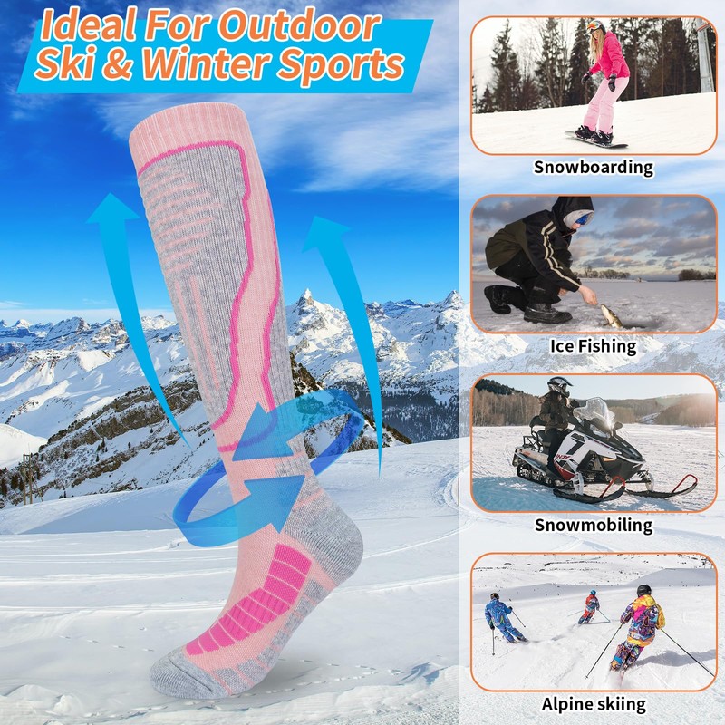 KOOOGEAR 2 Pairs Womens Merino Wool Ski Socks,Knee High Thermal