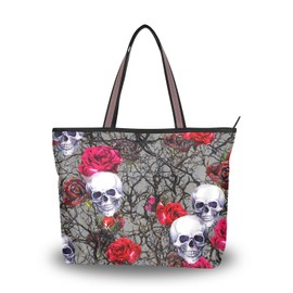 JUMBEAR Canvas Tote Bag Women Handbag Skull Roses Ladies Shopping Shoulder Bag，M