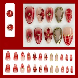 24Pcs Flower Press on Nails Medium Almond Star Fake Nails Red Gradient Acrylic Nail Y2K Gold Chrome False Nails French Tip Stick on Nail Artificial 3D Fall Flower Glue on Nails Decoration for Women
