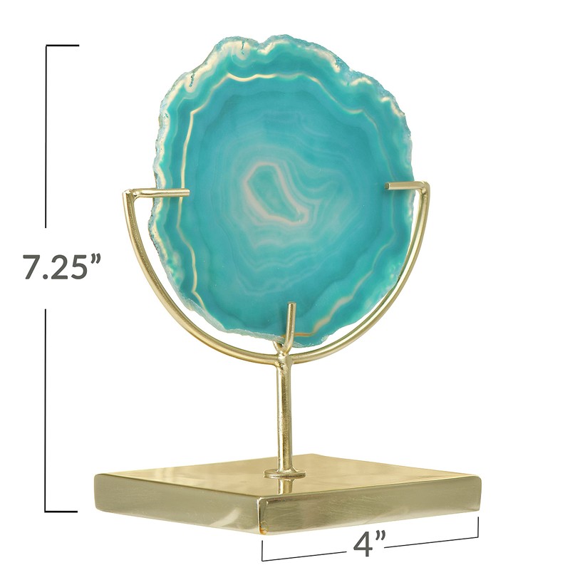 Decorative Agate Slice Accent on Metal Stand, Marbled Turquoise